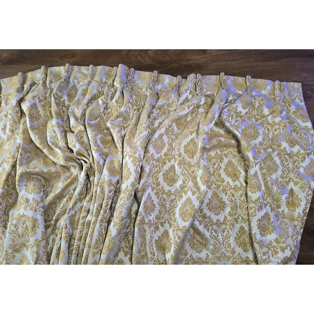 Pair Vintage Gold White Damask Brocade Austrian Curtains Valances Hollywood...